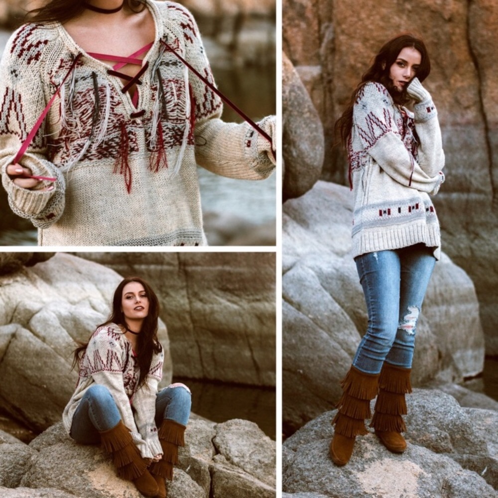 Gypsy 05 Milly Fringe Lace Up Sweater